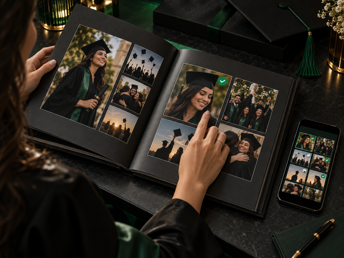 Formanda escolhendo fotografias para personalizar seu álbum